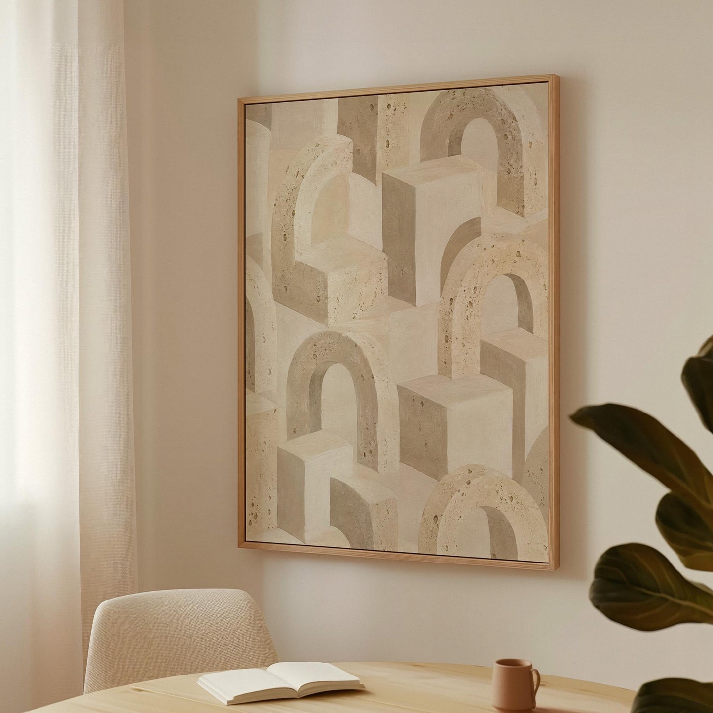Repeating small arches pattern in sand and taupe tones, canvas wall art presented in a light, minimal room