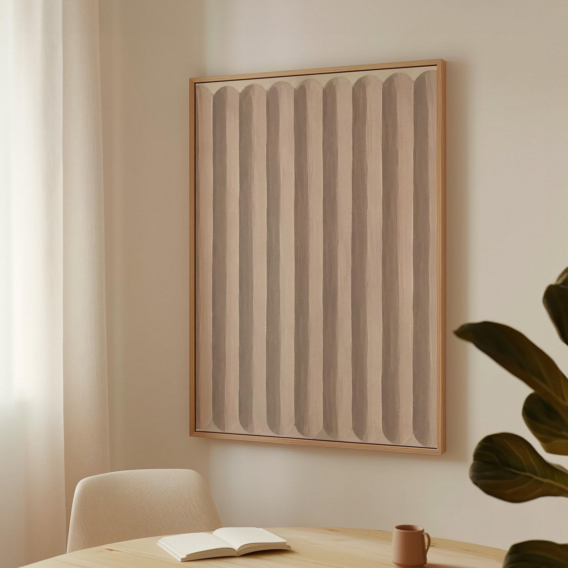 Vertical stripe pattern in blush pink and soft beige, canvas print presented in a light, minimal room