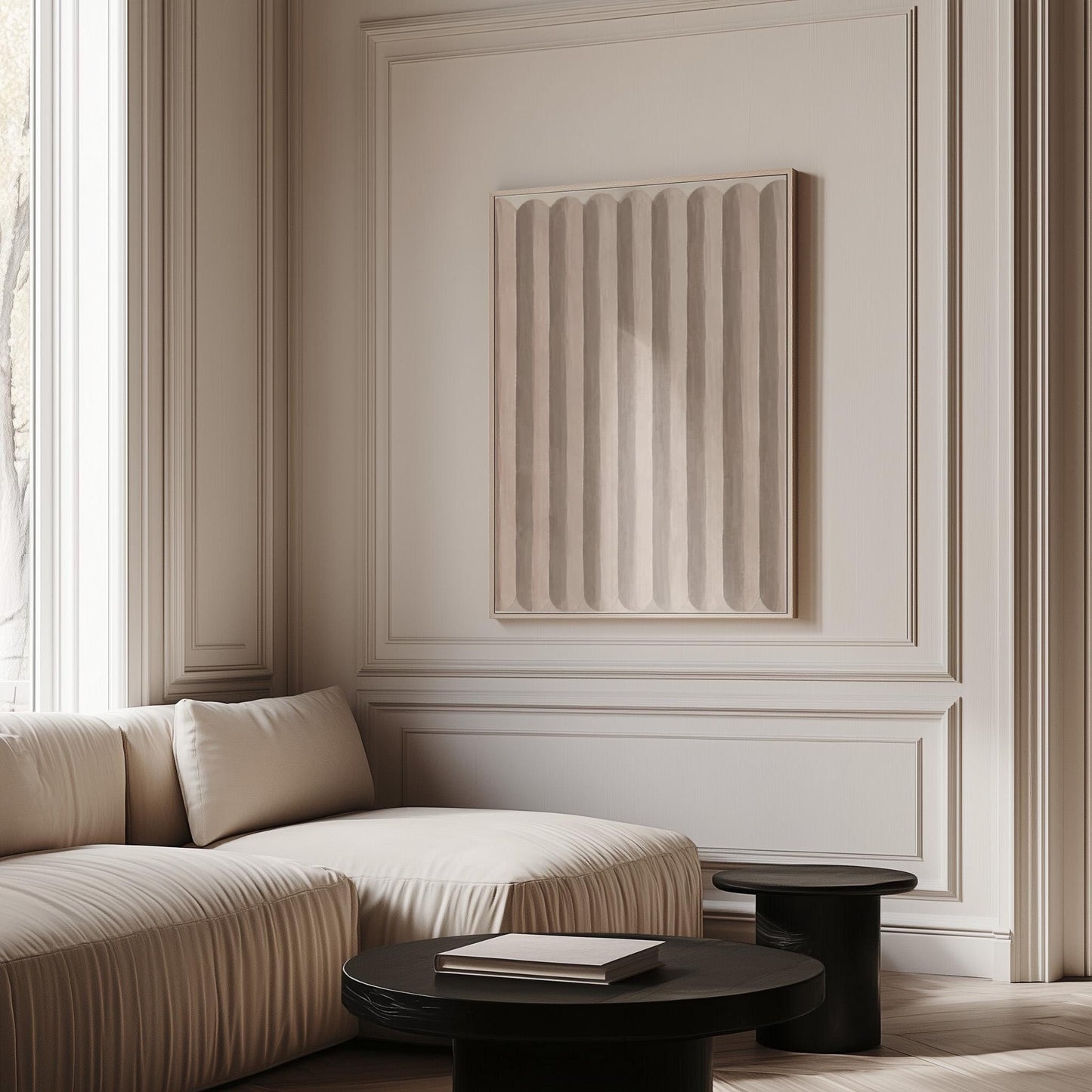 Vertical stripe pattern in blush pink and soft beige, canvas wall art presented in a light, minimal room