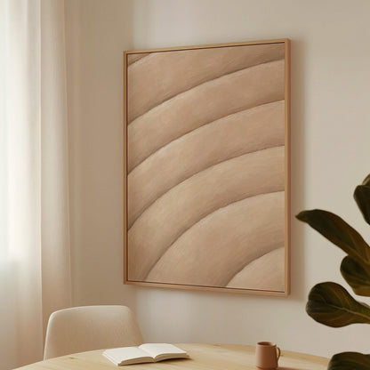 Broad sweeping arcs in cream and blush flowing across the frame, canvas print on a quiet wall in a considered interior