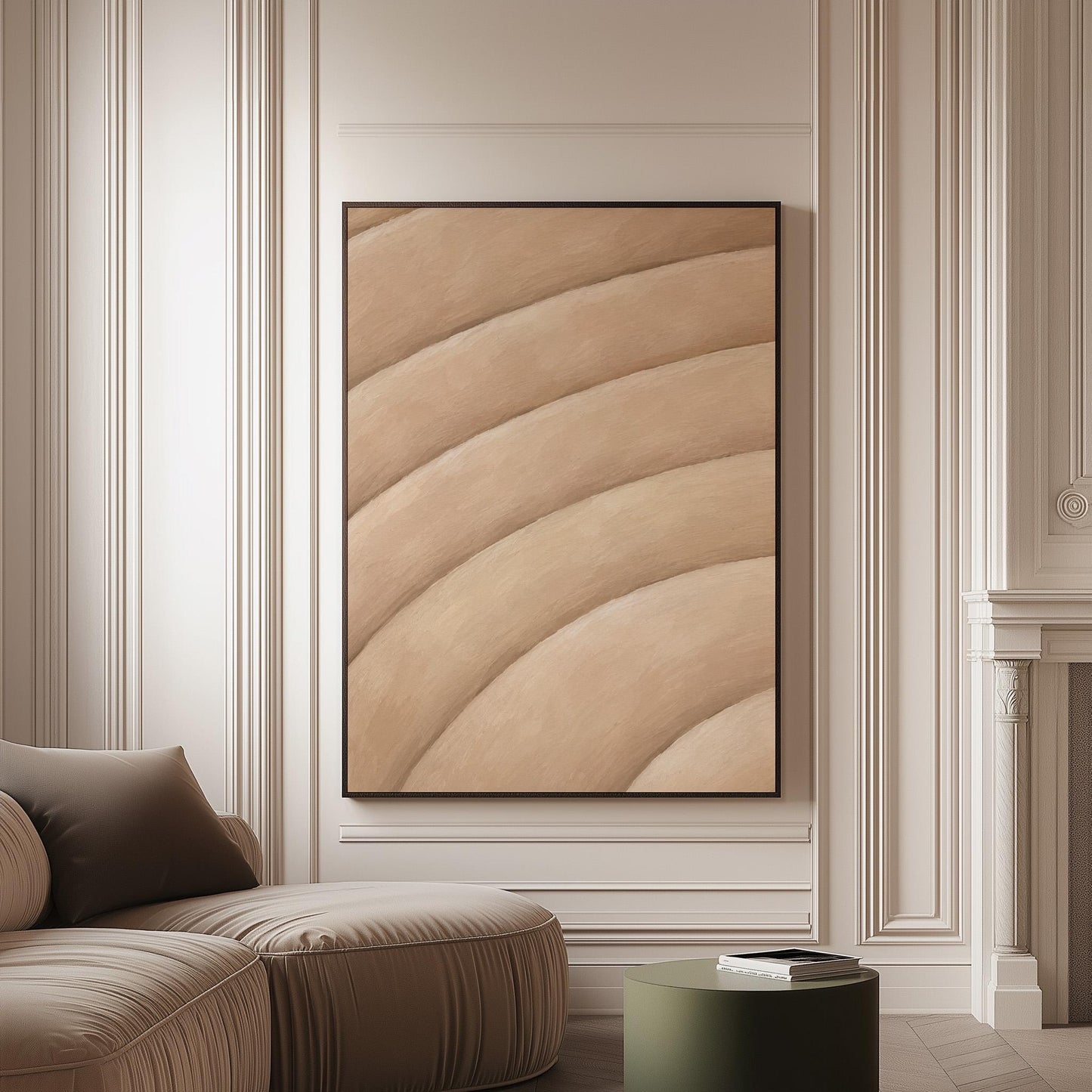 Broad sweeping arcs in cream and blush flowing across the frame, canvas print on a softly lit wall in a calm interior