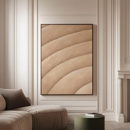 Broad sweeping arcs in cream and blush flowing across the frame, canvas print on a softly lit wall in a calm interior