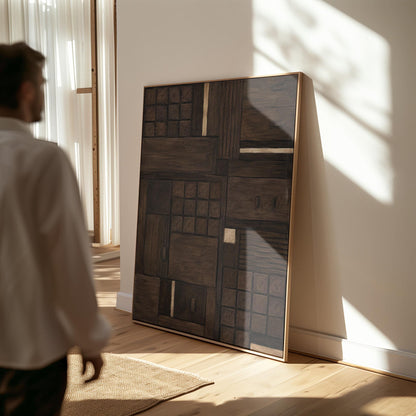 Dark espresso brown geometric patchwork with small gold accents, canvas print seen in a warm interior with natural light