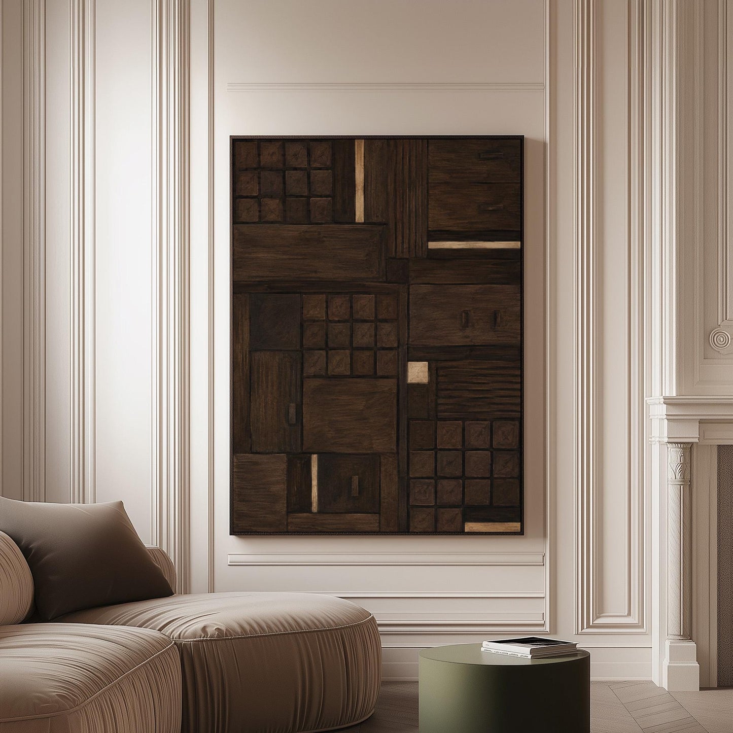 Dark espresso brown geometric patchwork with small gold accents, canvas print on a softly lit wall in a calm interior