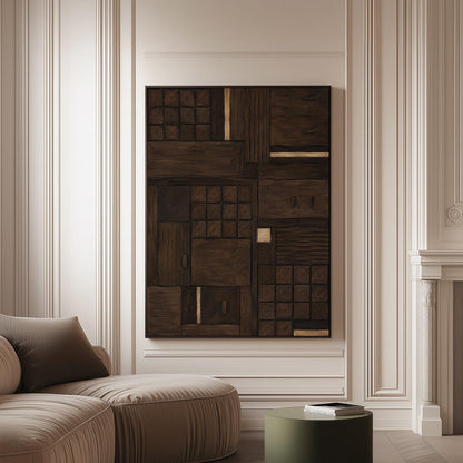 Dark espresso brown geometric patchwork with small gold accents, canvas print on a softly lit wall in a calm interior
