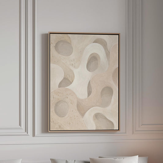 Soft organic flowing shapes in cream and light beige, canvas print in a bright room with natural daylight
