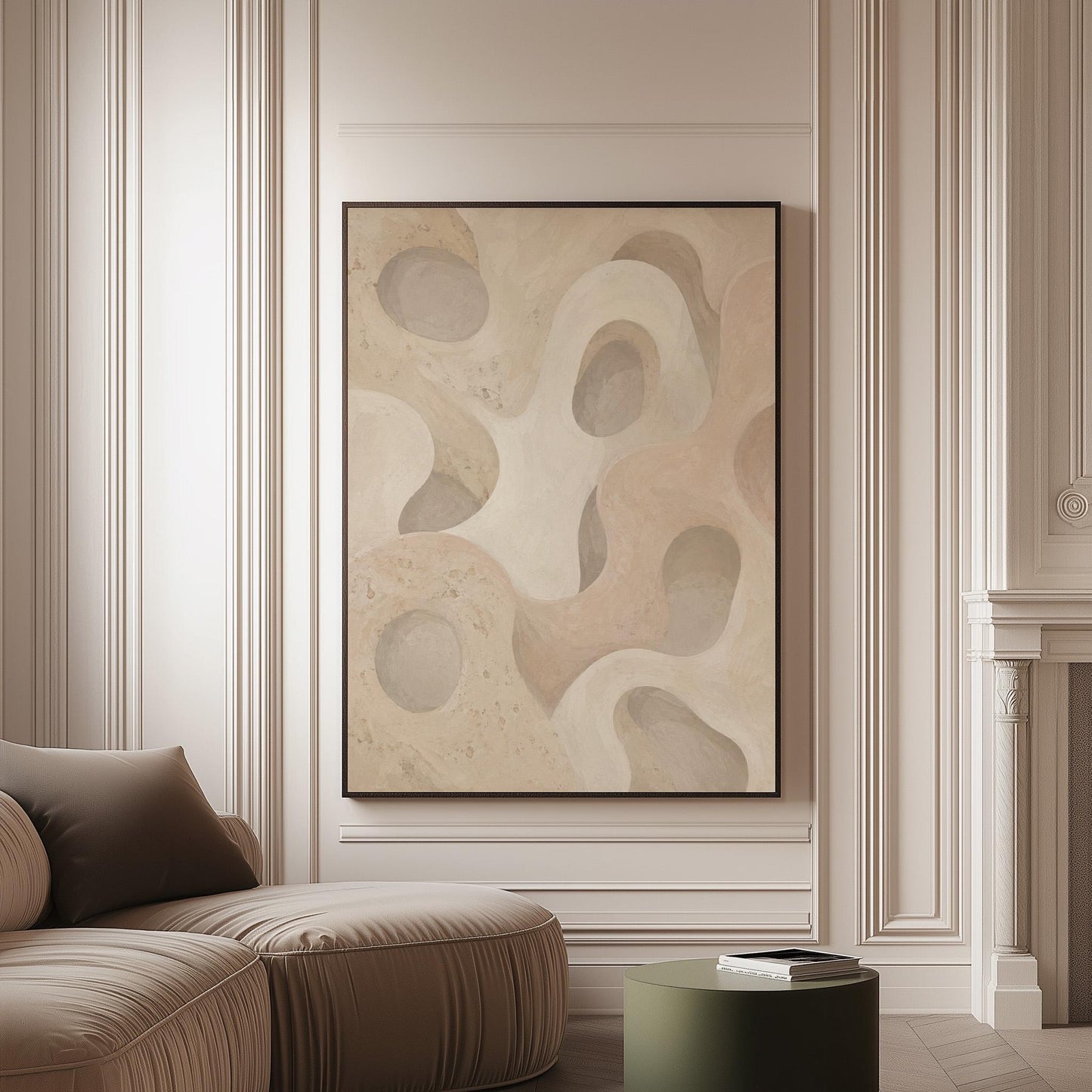 Soft organic flowing shapes in cream and light beige, canvas print on a softly lit wall in a calm interior