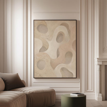 Soft organic flowing shapes in cream and light beige, canvas print on a softly lit wall in a calm interior