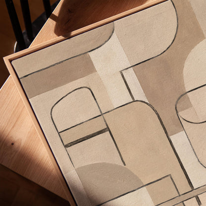 Bauhaus inspired line composition with geometric shapes in beige tones, canvas print in a warm, minimally styled interior