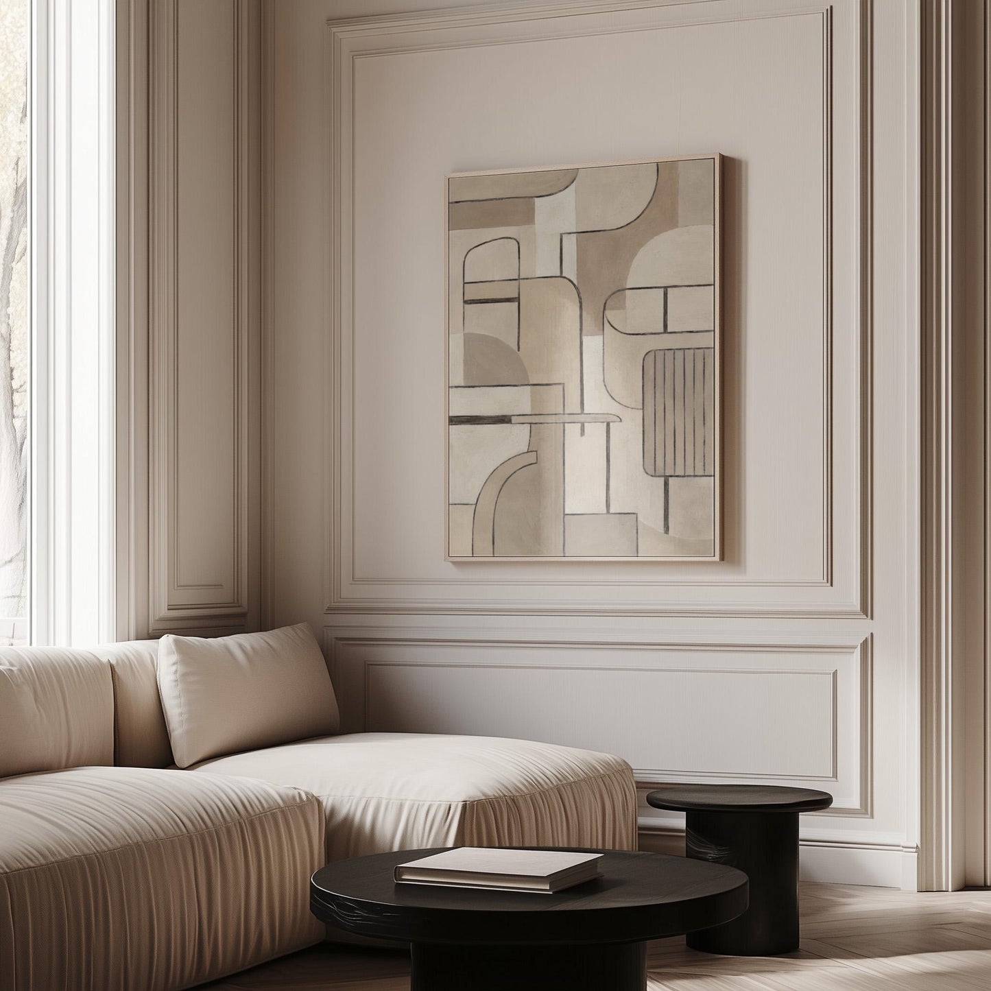 Bauhaus inspired line composition with geometric shapes in beige tones, canvas print on a quiet wall in a considered interior