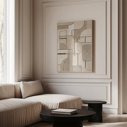 Bauhaus inspired line composition with geometric shapes in beige tones, canvas print on a quiet wall in a considered interior