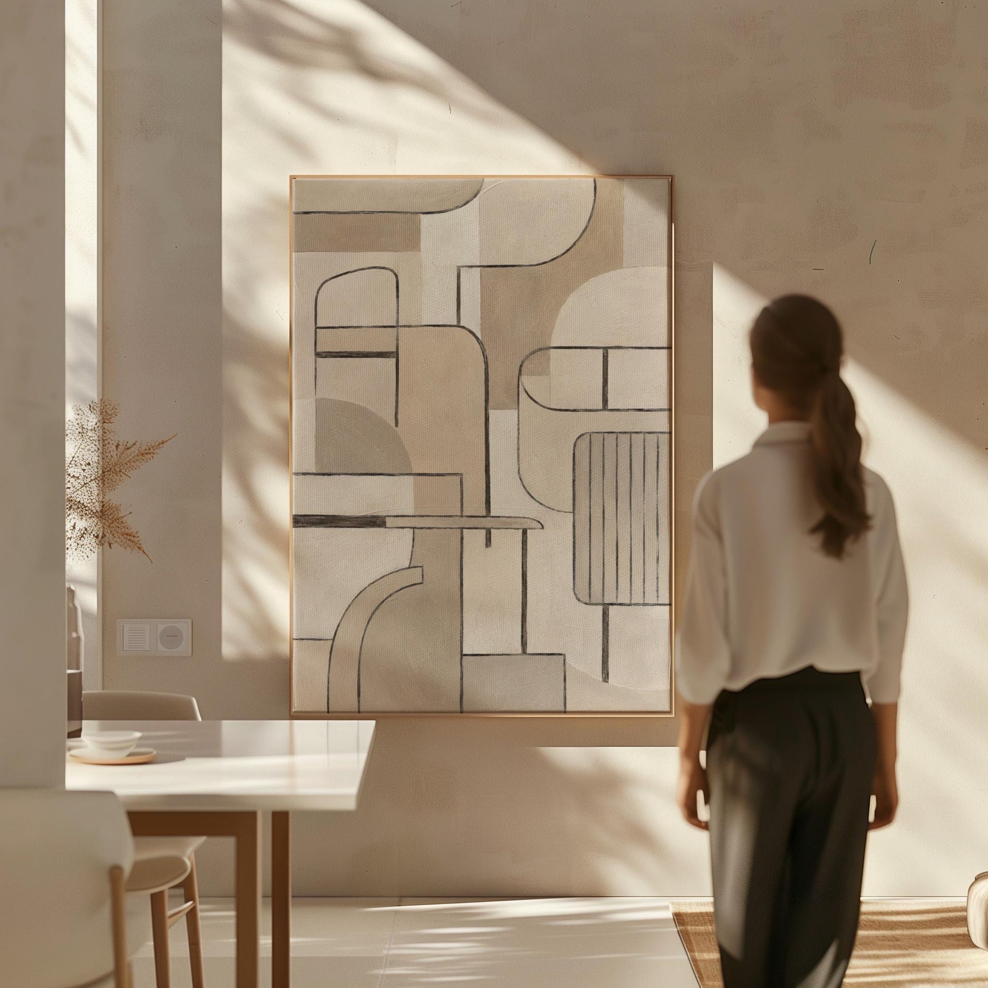 Bauhaus inspired line composition with geometric shapes in beige tones, canvas wall art presented in a light, minimal room