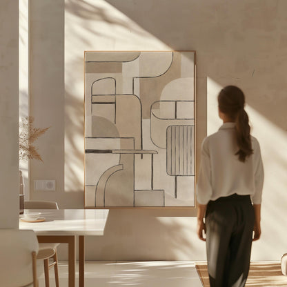 Bauhaus inspired line composition with geometric shapes in beige tones, canvas wall art presented in a light, minimal room