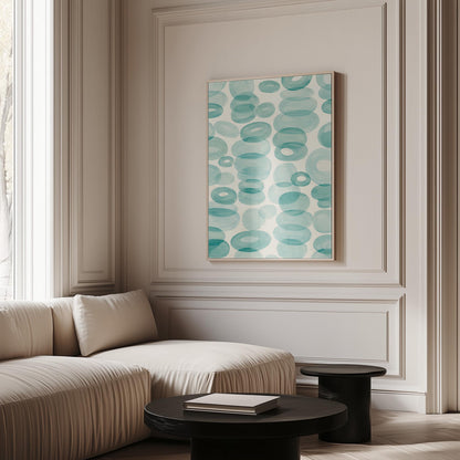 Watercolor rings and ovals in aqua and teal like sea glass, canvas print presented in a light, minimal room