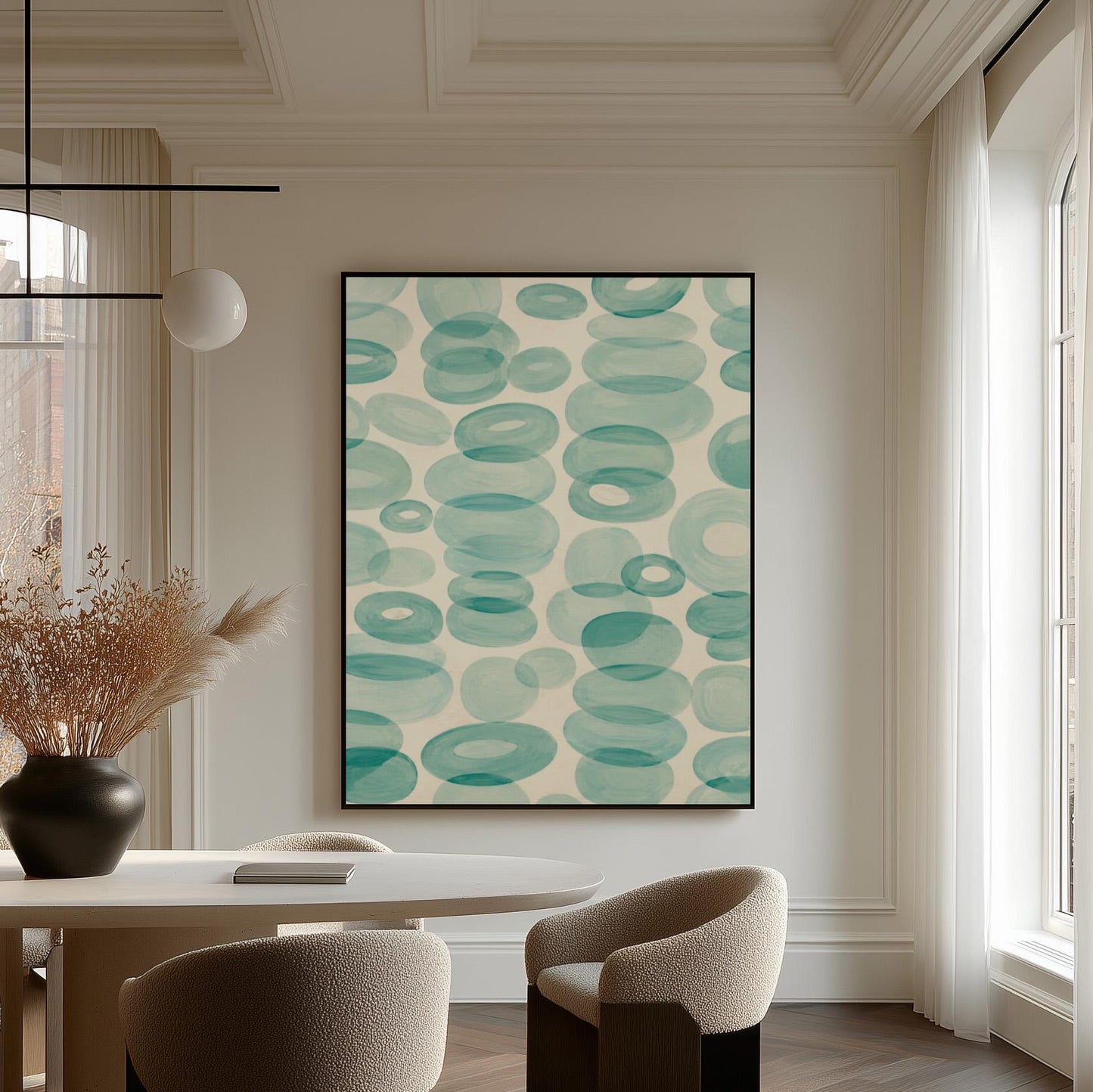 Watercolor rings and ovals in aqua and teal like sea glass, canvas print shown in a sunlit, contemporary room