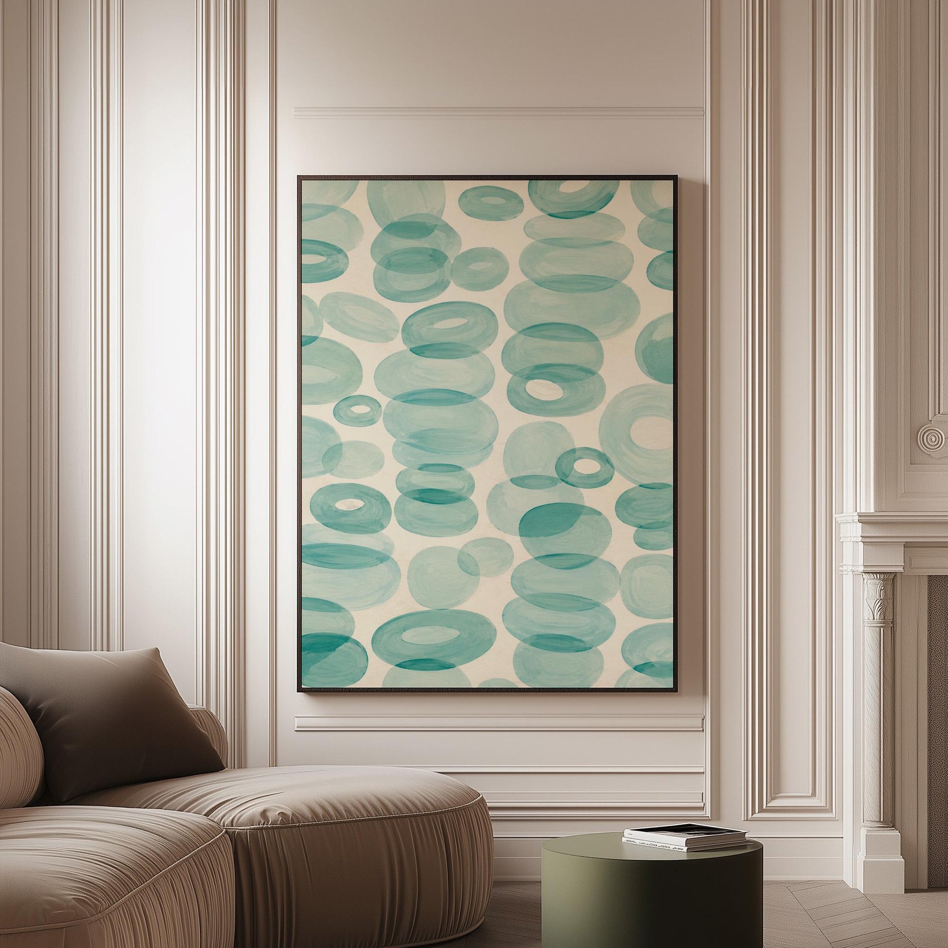 Watercolor rings and ovals in aqua and teal like sea glass, canvas print on a softly lit wall in a calm interior