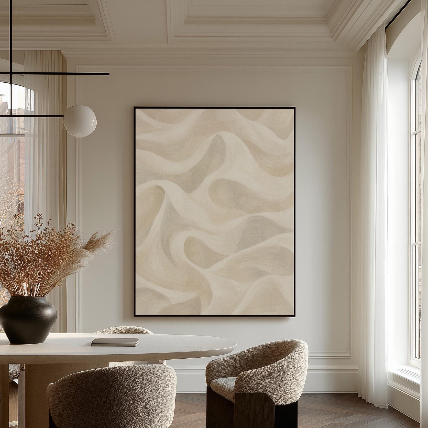 Flowing silky wave shapes in ivory and warm white, canvas print hanging in a calm, modern living space