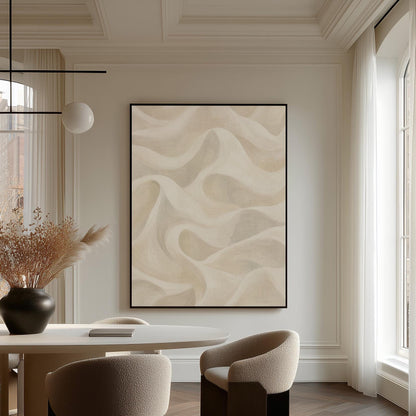 Flowing silky wave shapes in ivory and warm white, canvas print hanging in a calm, modern living space