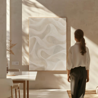 Flowing silky wave shapes in ivory and warm white, canvas print on a quiet wall in a considered interior