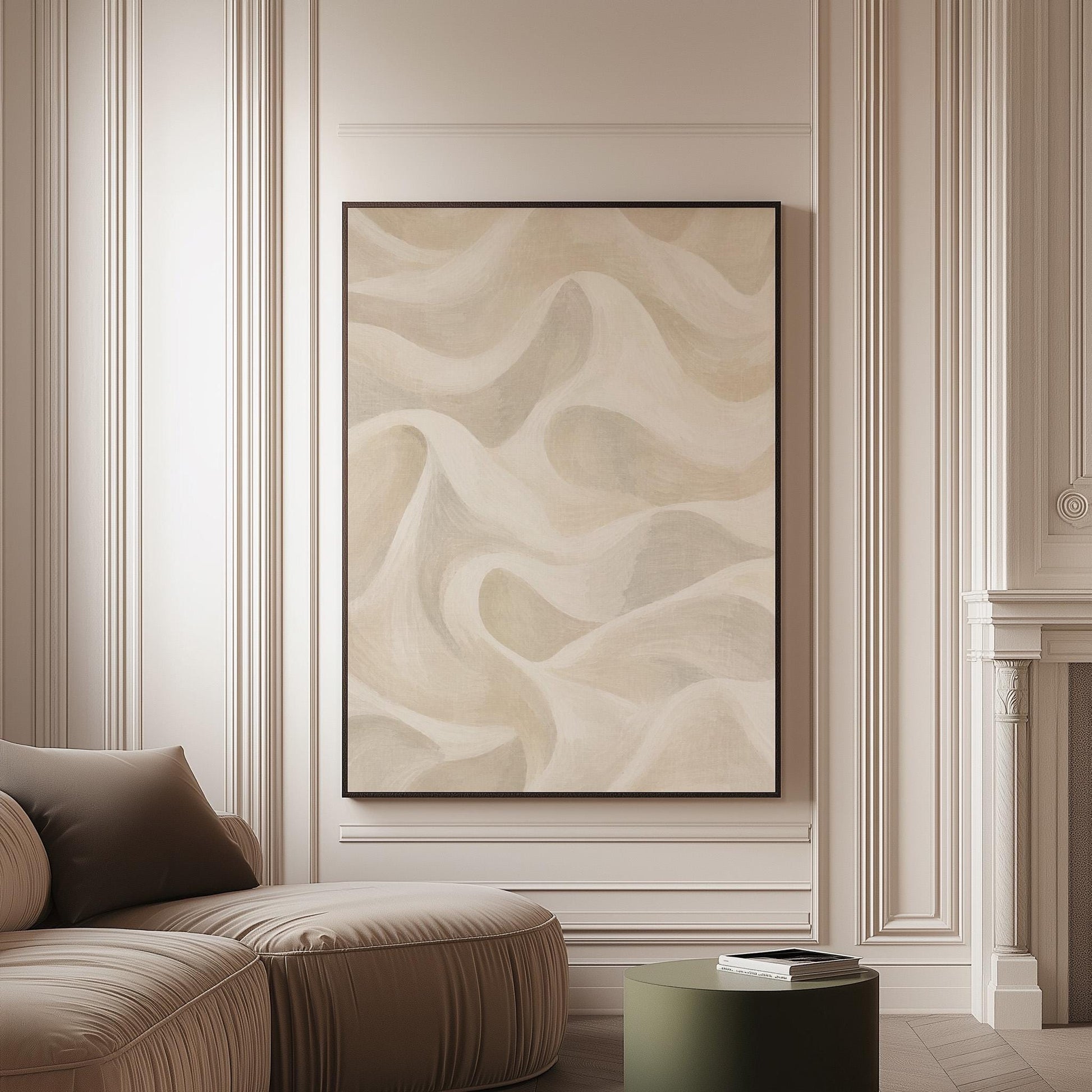 Flowing silky wave shapes in ivory and warm white, canvas print on a softly lit wall in a calm interior