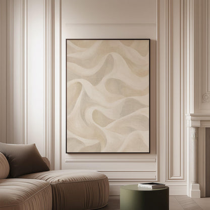 Flowing silky wave shapes in ivory and warm white, canvas print on a softly lit wall in a calm interior