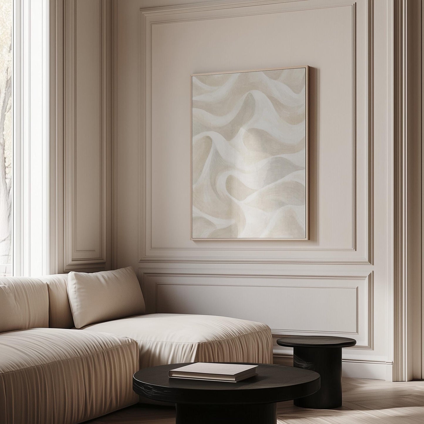 Flowing silky wave shapes in ivory and warm white, canvas wall art hanging in a calm, modern living space