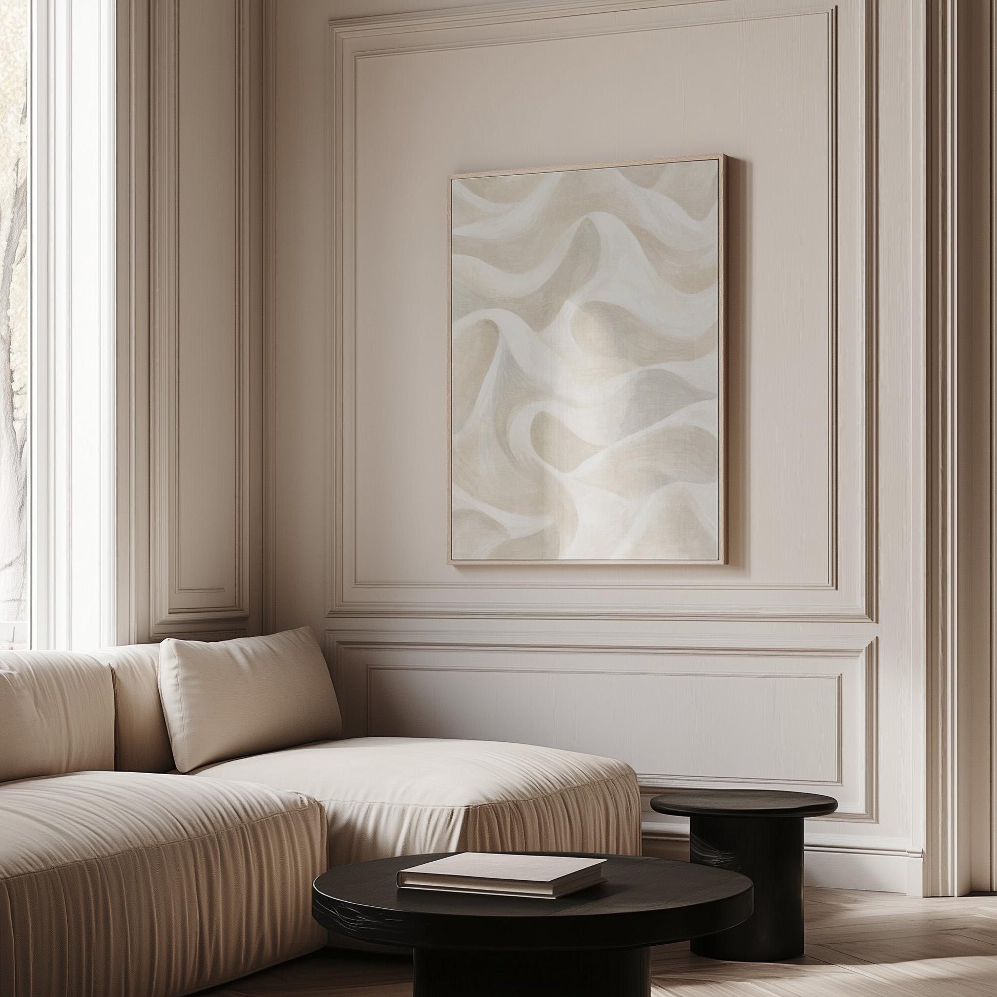 Flowing silky wave shapes in ivory and warm white, canvas wall art hanging in a calm, modern living space