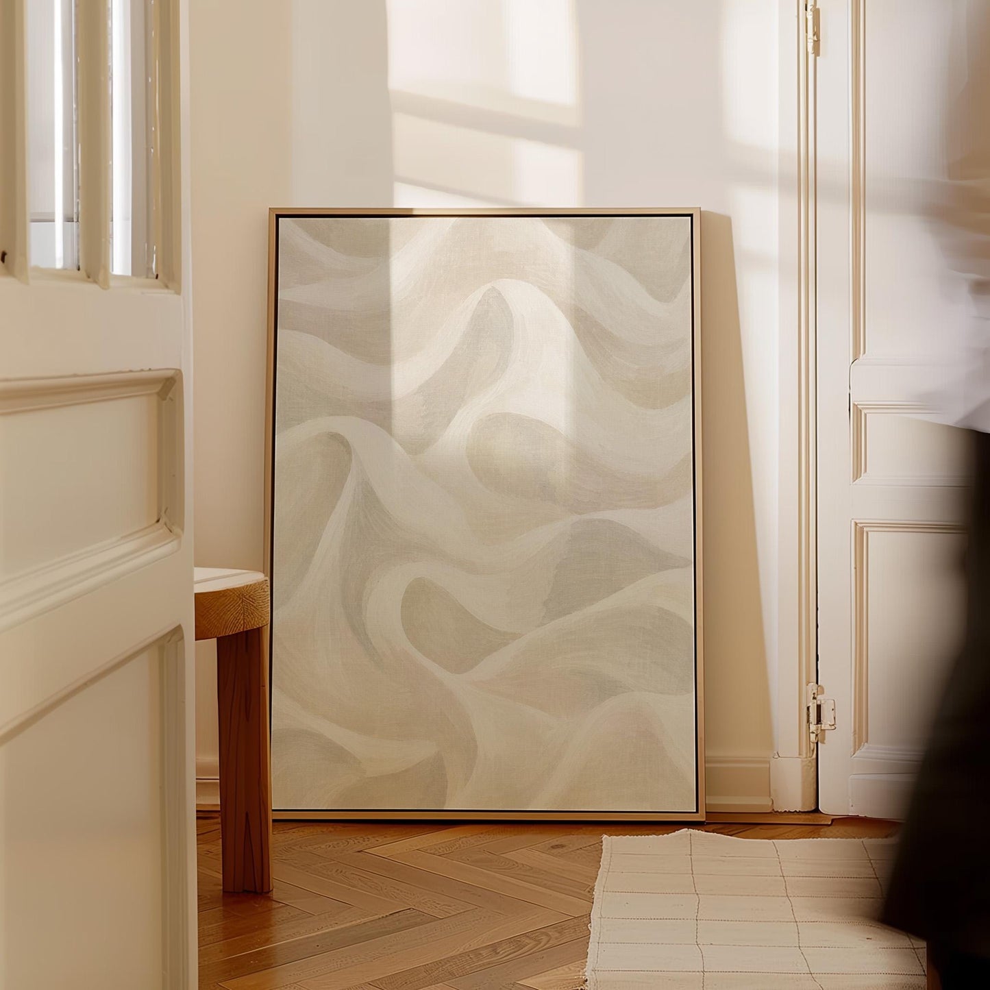 Flowing silky wave shapes in ivory and warm white, canvas wall art styled against a soft white wall