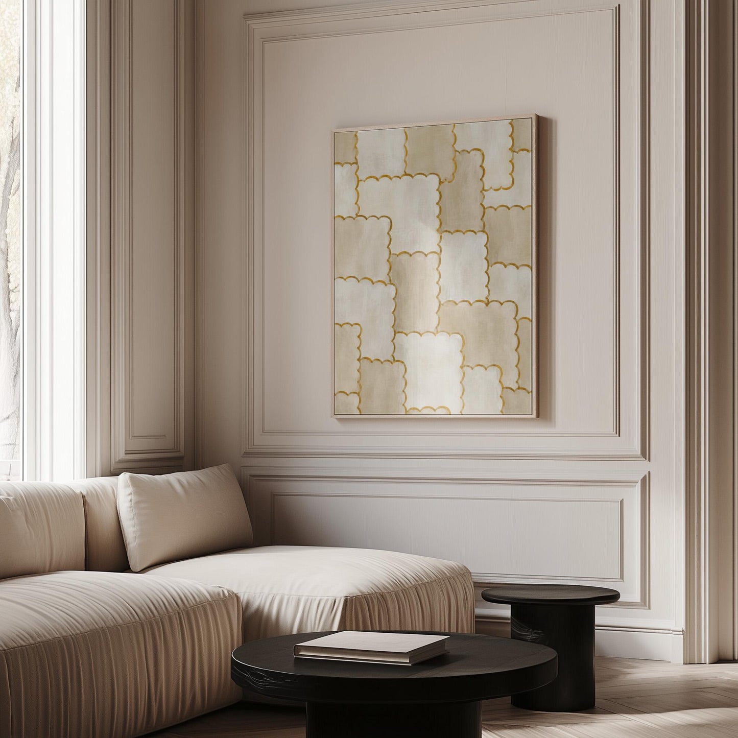 Overlapping tile pattern with scalloped gold edges in beige, canvas print styled against a soft white wall