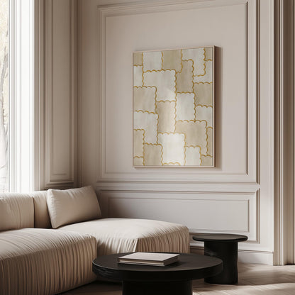 Overlapping tile pattern with scalloped gold edges in beige, canvas print styled against a soft white wall