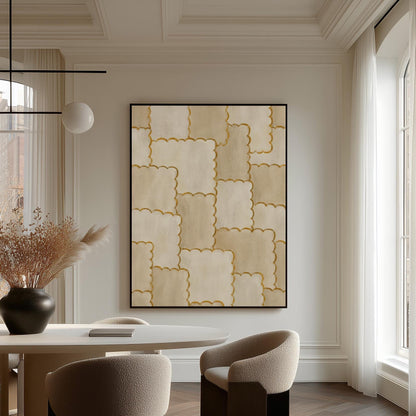 Overlapping tile pattern with scalloped gold edges in beige, canvas print presented in a light, minimal room