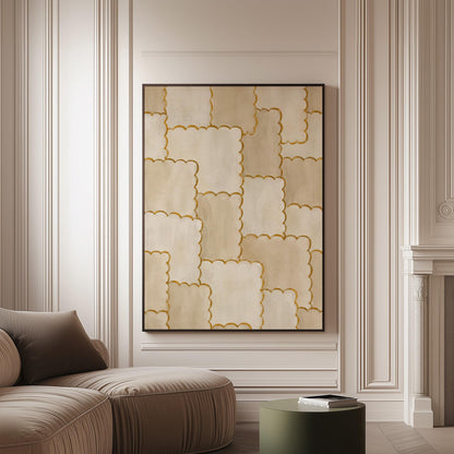 Overlapping tile pattern with scalloped gold edges in beige, canvas print on a softly lit wall in a calm interior