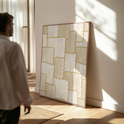Overlapping tile pattern with scalloped gold edges in beige, canvas wall art hanging in a calm, modern living space
