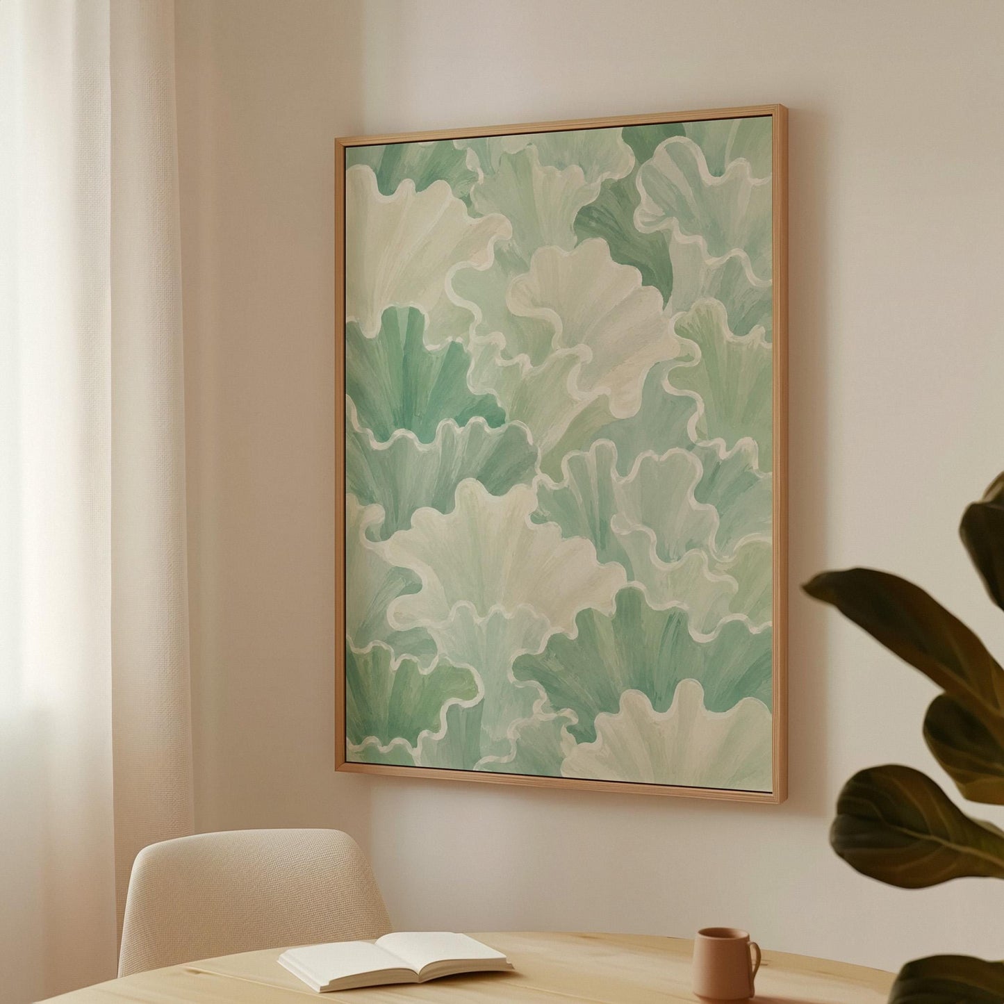 Fan shaped leafy forms in soft sage green watercolor, canvas print shown to scale in a furnished room