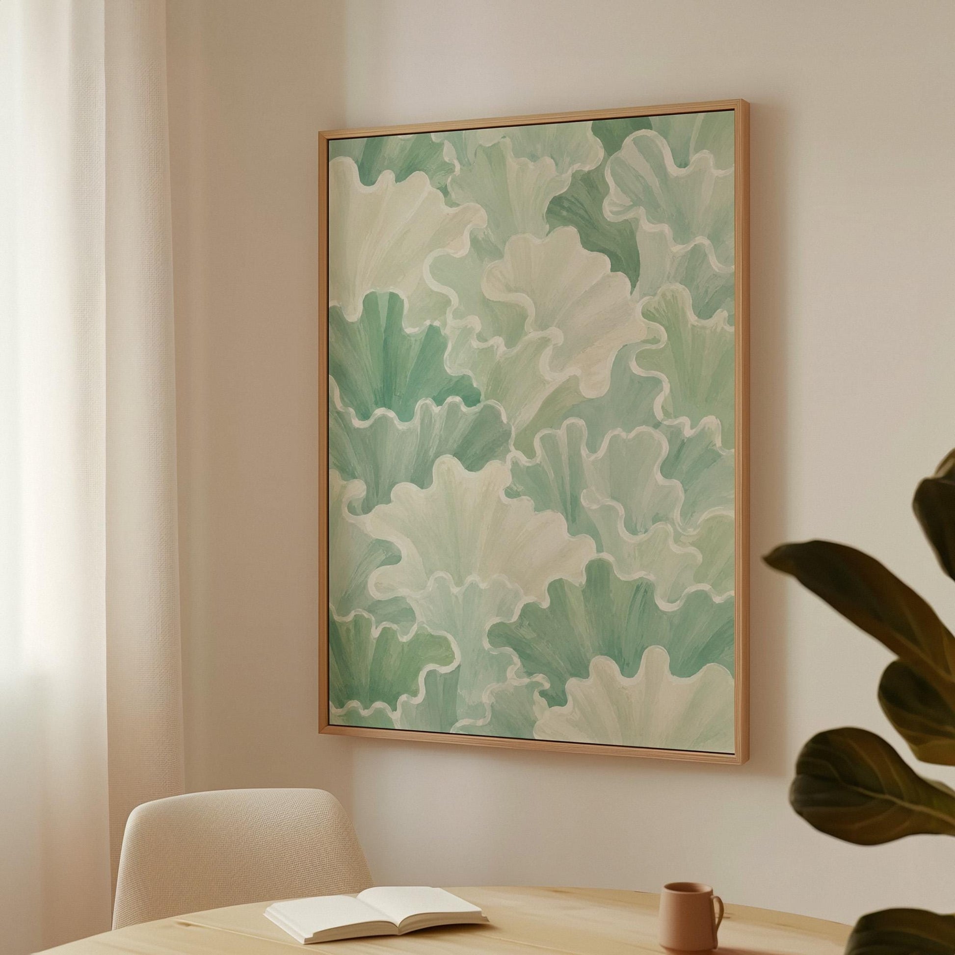 Fan shaped leafy forms in soft sage green watercolor, canvas print shown to scale in a furnished room