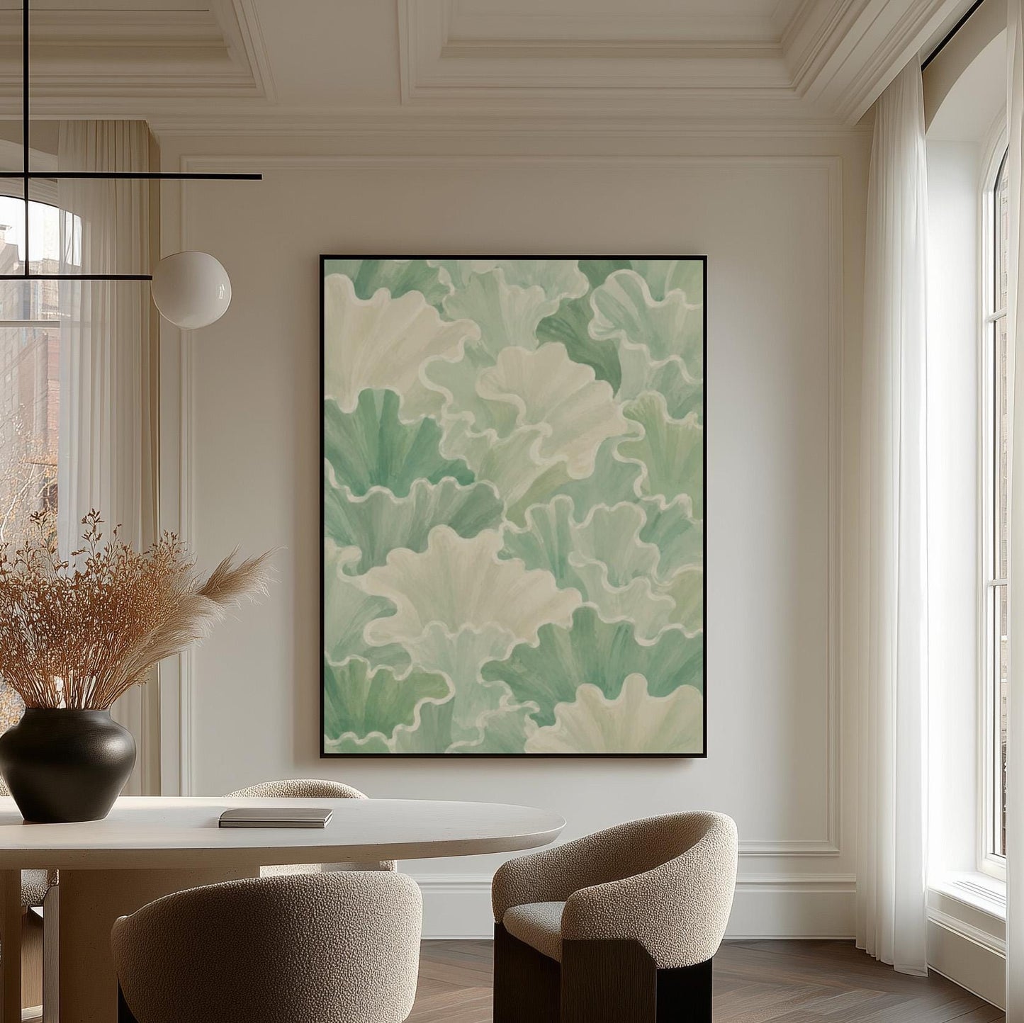Fan shaped leafy forms in soft sage green watercolor, canvas print displayed on a neutral wall in a styled interior