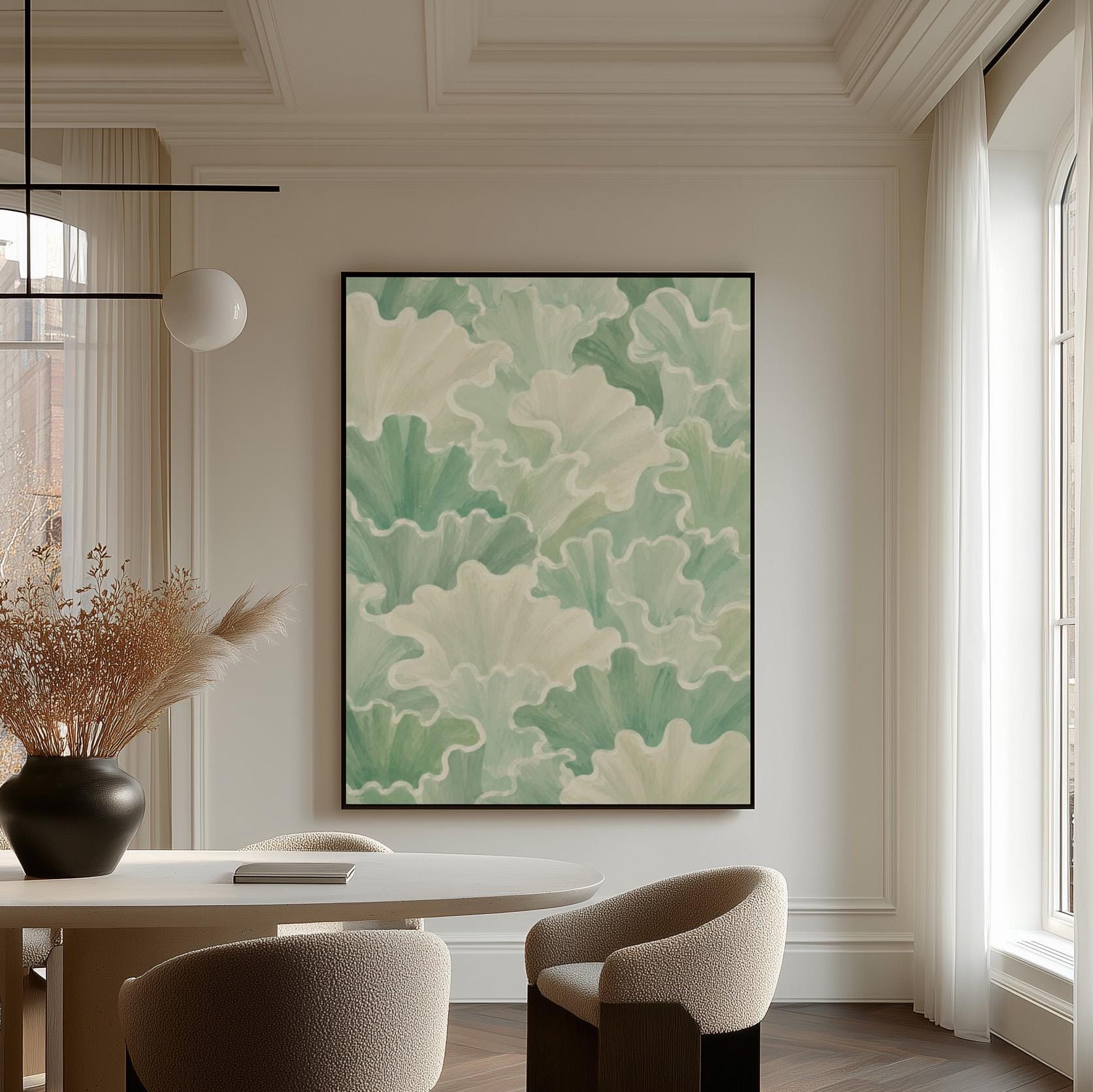 Fan shaped leafy forms in soft sage green watercolor, canvas print displayed on a neutral wall in a styled interior