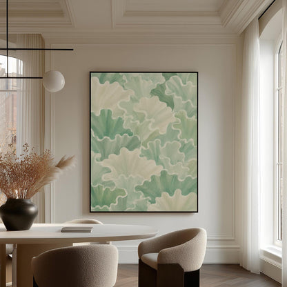 Fan shaped leafy forms in soft sage green watercolor, canvas print displayed on a neutral wall in a styled interior