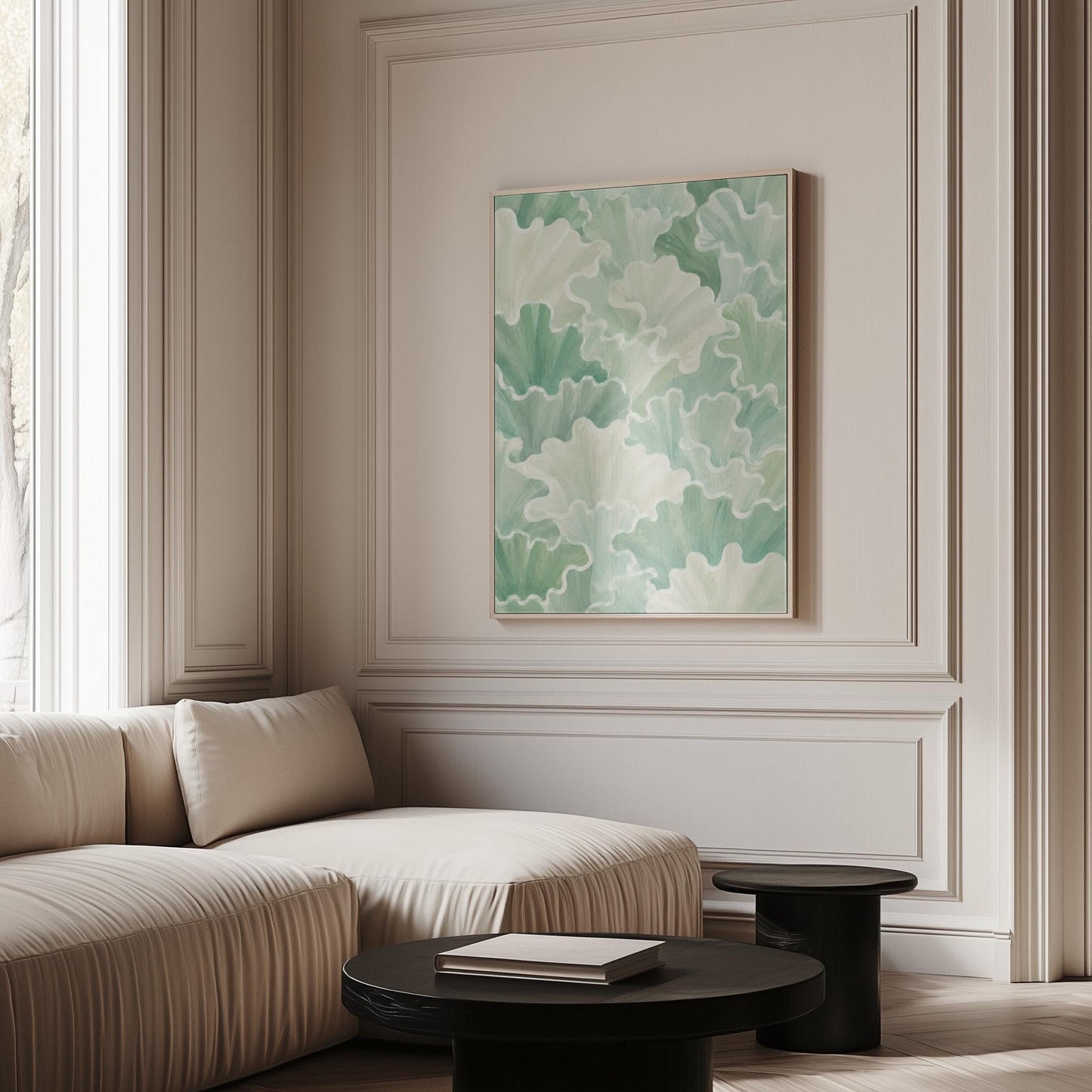 Fan shaped leafy forms in soft sage green watercolor, canvas wall art styled against a soft white wall