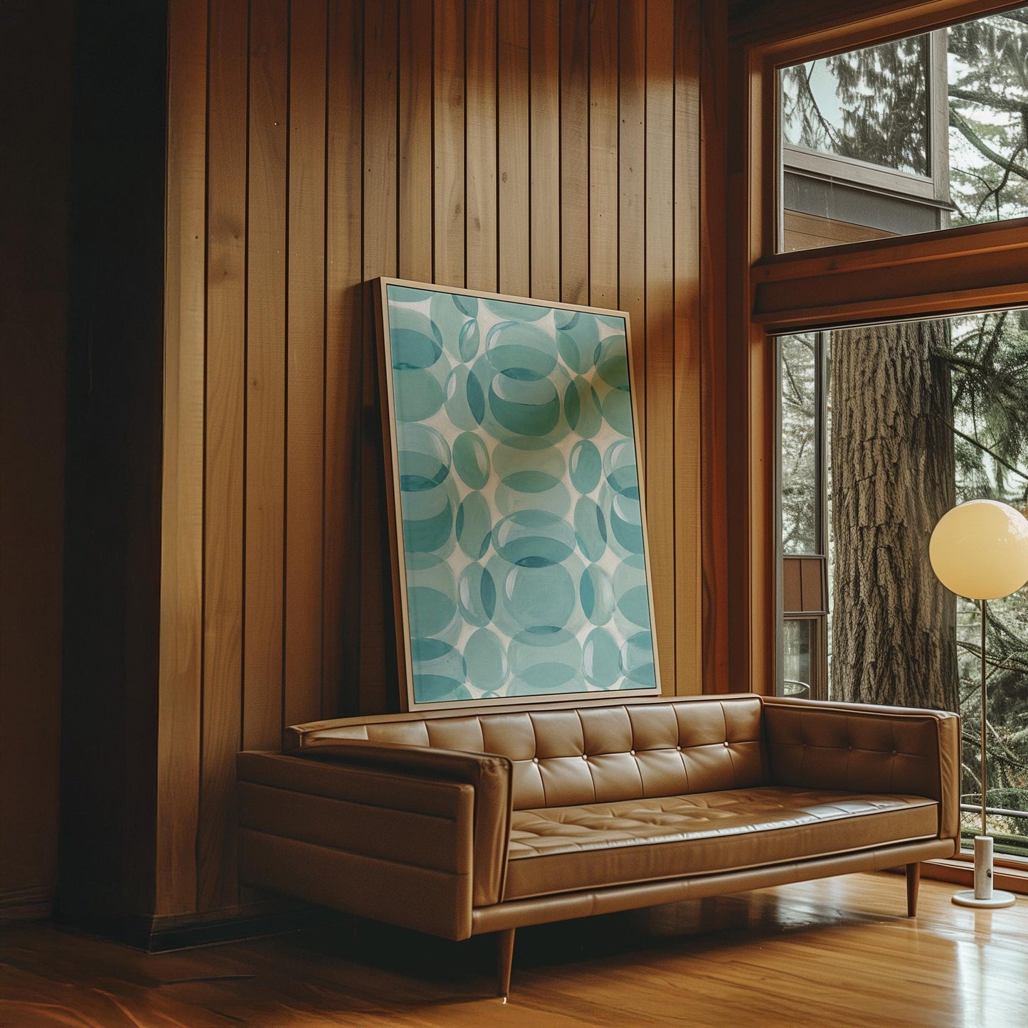 Overlapping translucent circles in teal and aqua tones, canvas print presented in a light, minimal room