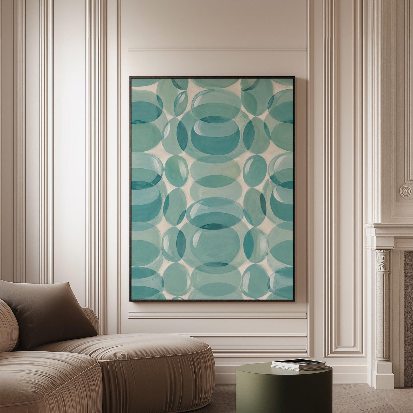 Overlapping translucent circles in teal and aqua tones, canvas print on a softly lit wall in a calm interior