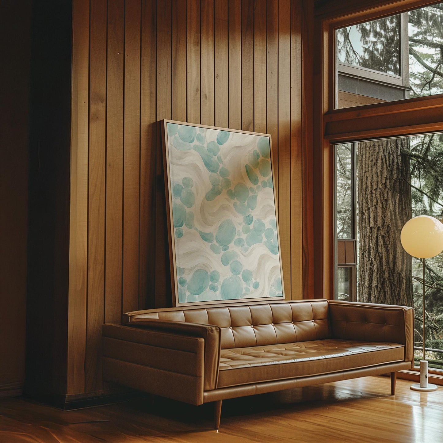 Aqua pebble shapes drifting among soft cream waves, canvas print hanging in a calm, modern living space