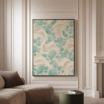 Aqua pebble shapes drifting among soft cream waves, canvas print on a softly lit wall in a calm interior