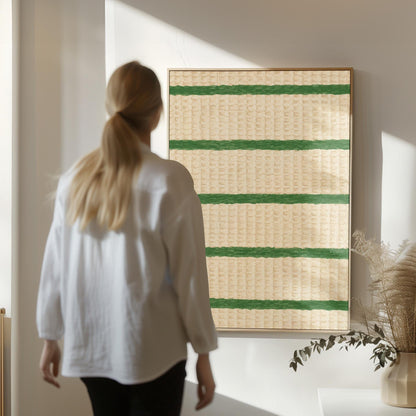 Horizontal grass green stripes on a cream background, canvas print on a quiet wall in a considered interior