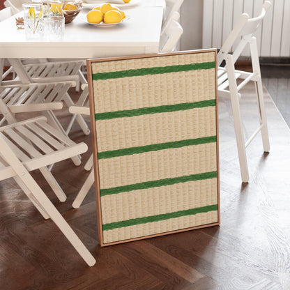 Horizontal grass green stripes on a cream background, canvas wall art presented in a light, minimal room