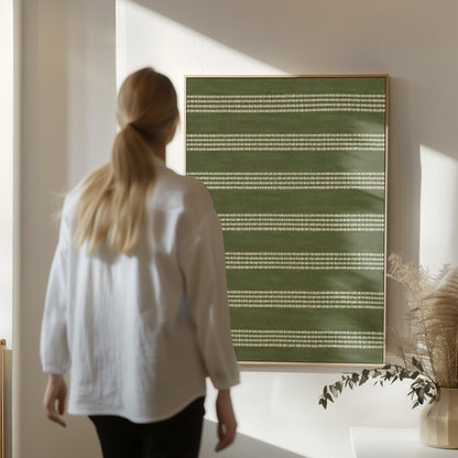 Olive green field with thin cream pinstripe rows, canvas print styled against a soft white wall