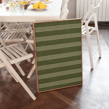 Olive green field with thin cream pinstripe rows, canvas print presented in a light, minimal room