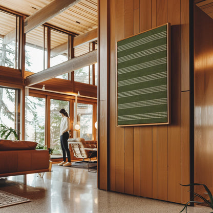 Olive green field with thin cream pinstripe rows, canvas print displayed on a neutral wall in a styled interior