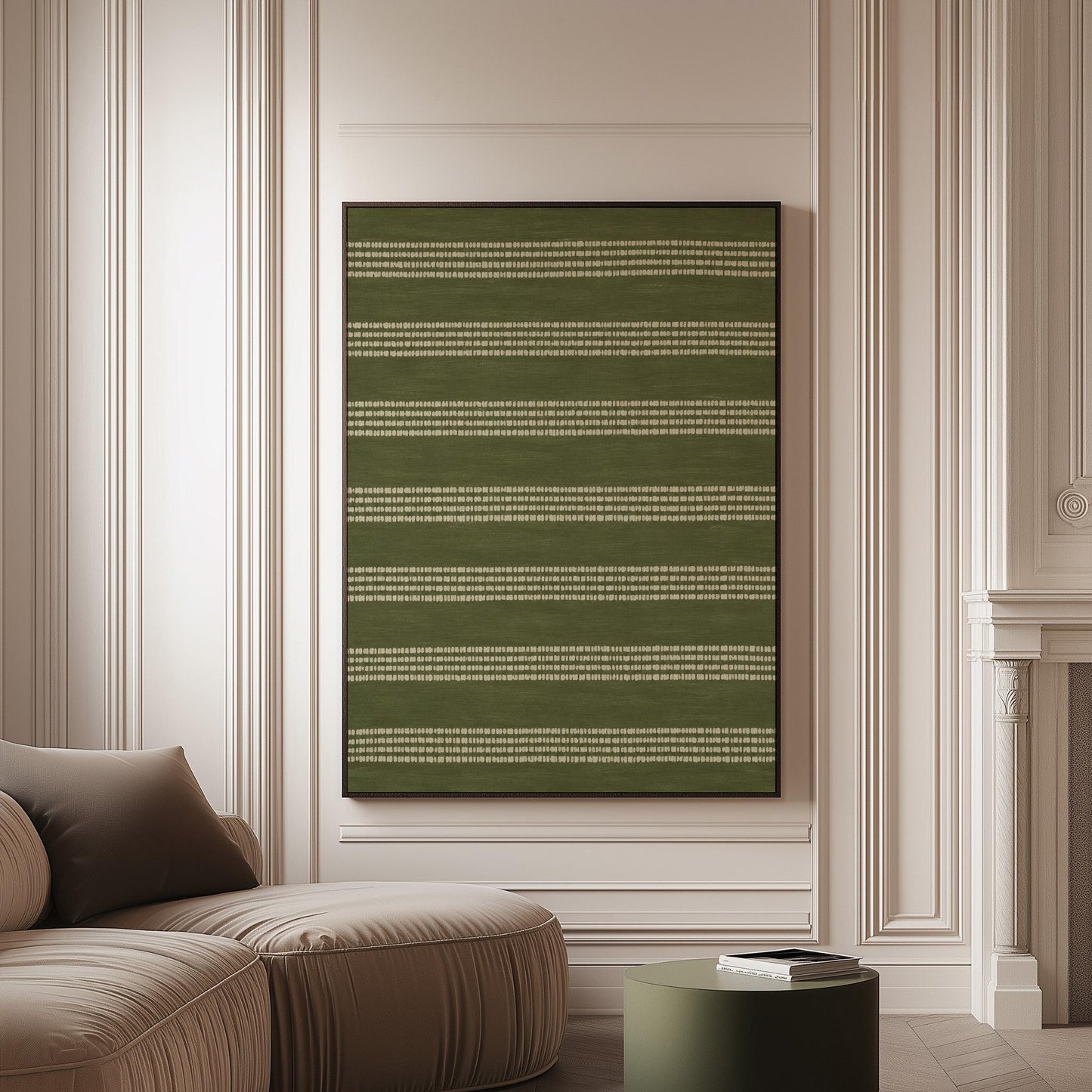 Olive green field with thin cream pinstripe rows, canvas print on a softly lit wall in a calm interior