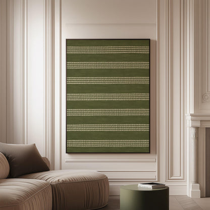 Olive green field with thin cream pinstripe rows, canvas print on a softly lit wall in a calm interior